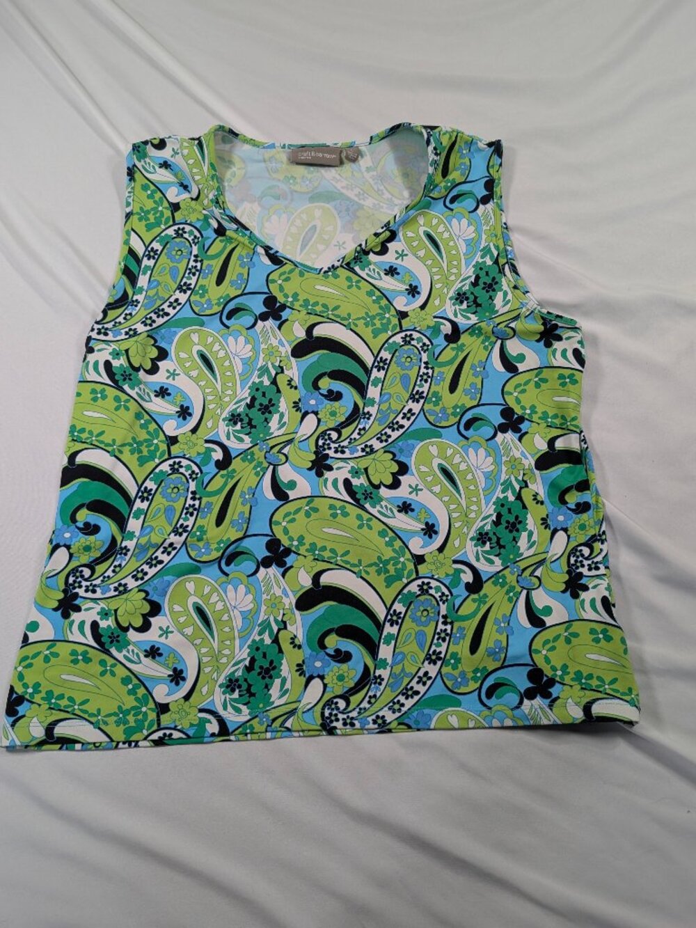 Croft & Barrow Green Blue Paisley V Neck Stretch Tank Top L